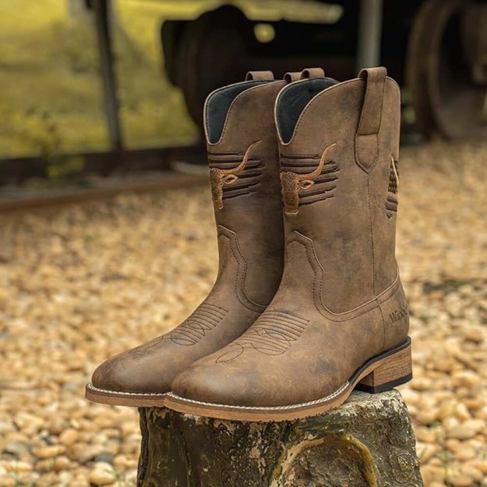 NEW! Cowboy Boots For Men Square Toe Western Men's Boots Vegan/Genuine Leather